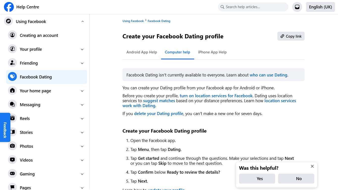 Create your Facebook Dating profile Facebook Help Centre